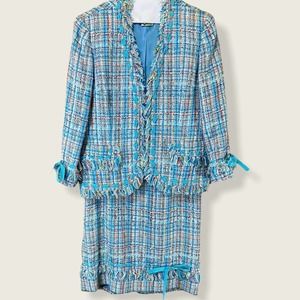 Carlisle Vintage Blue Tweed Dress & Jacket Suit Set Size 8